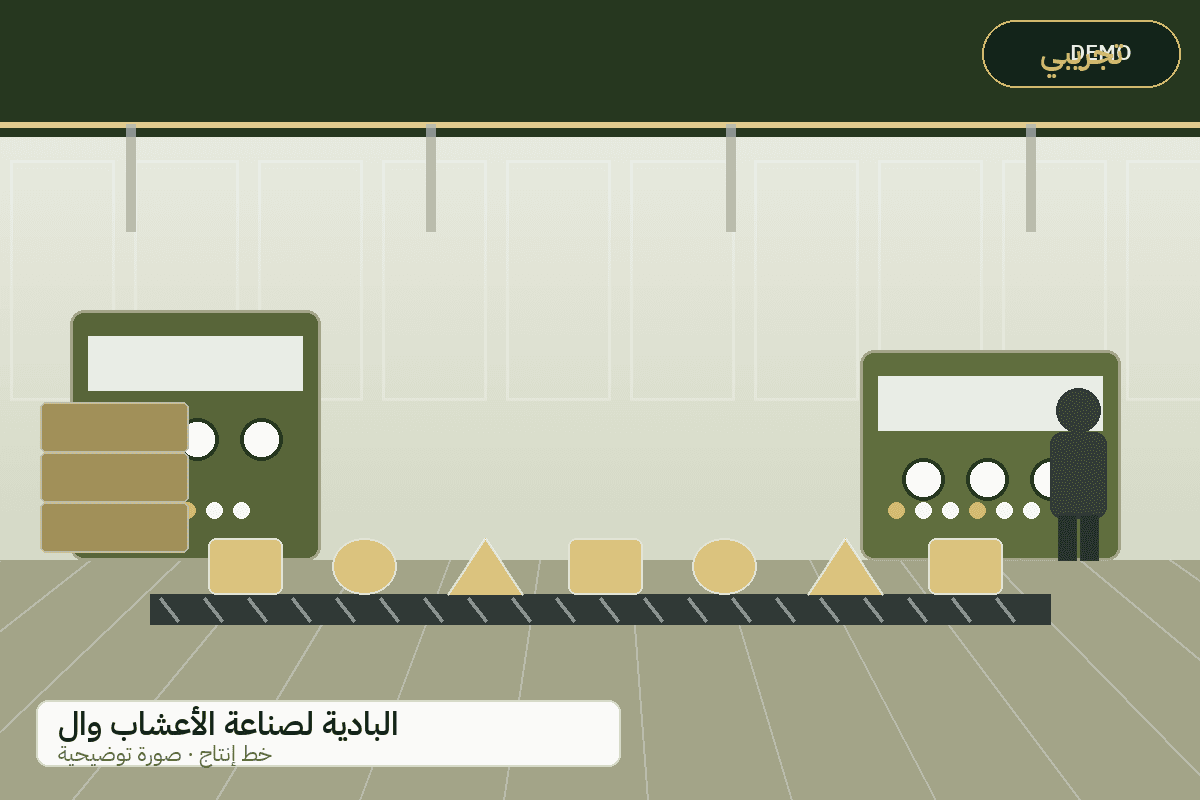 Demo production-line illustration — Al-Badiya herbs and aromatic plants